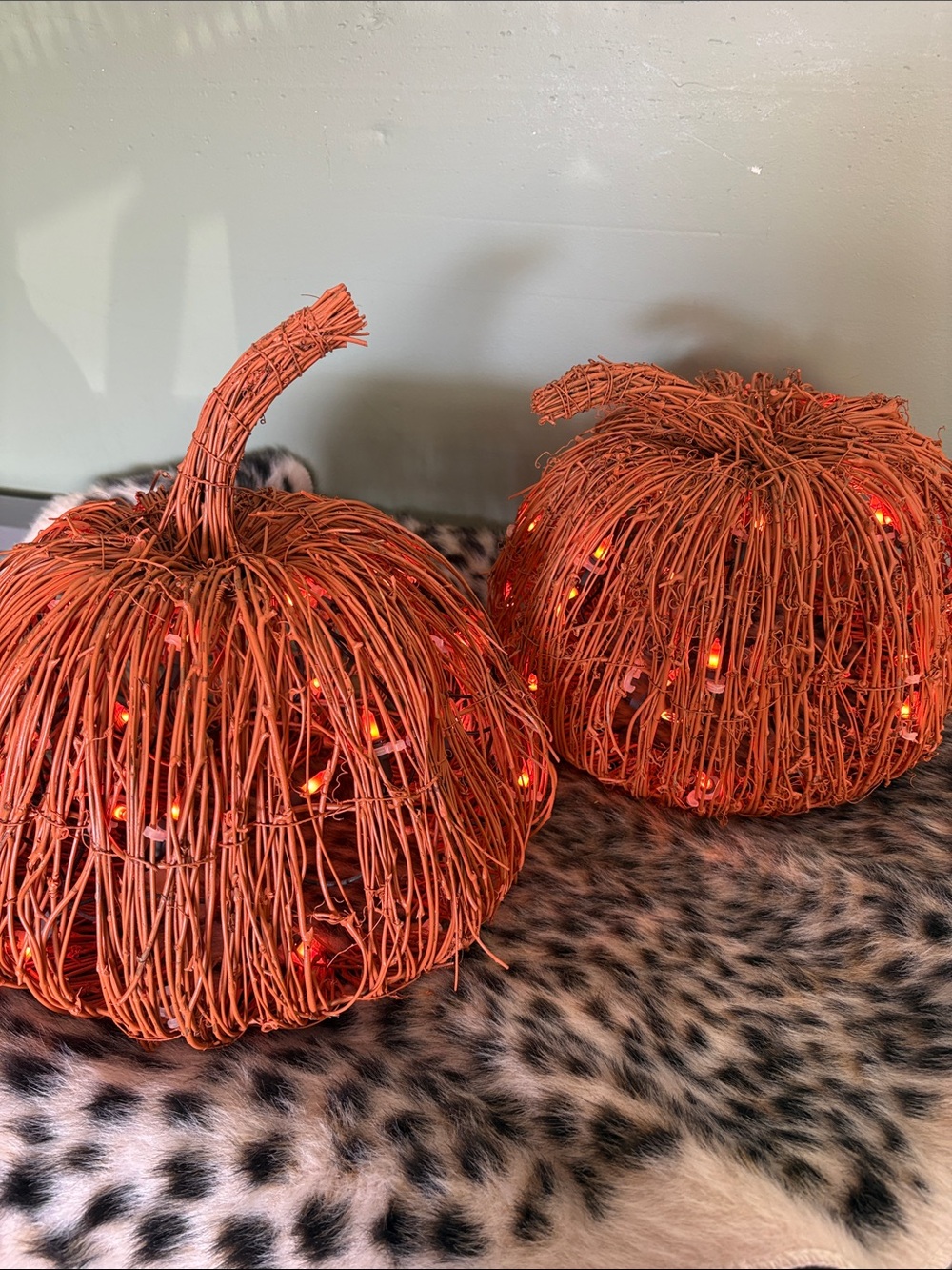 💎RARE💎2 Large Pottery Barn Orange Wicker Light Up Pumpkins